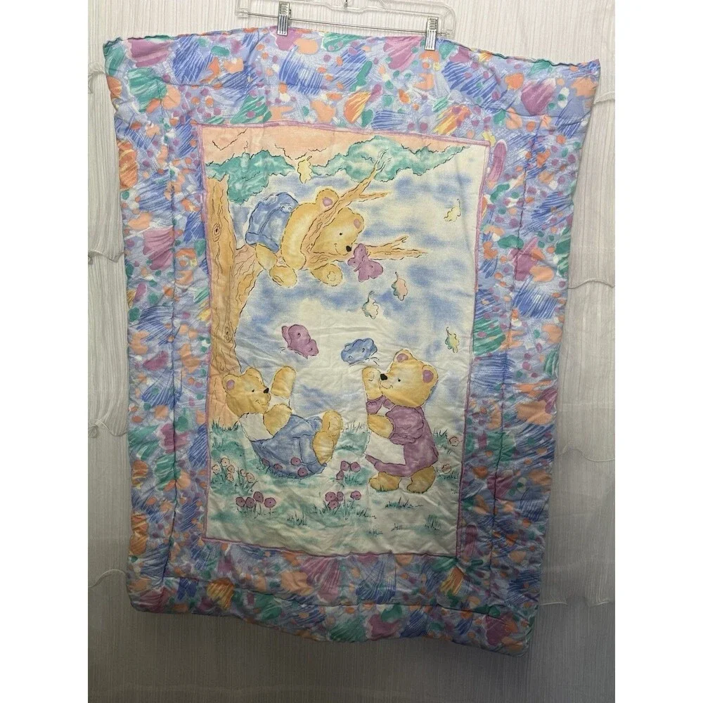 Vtg Bears & Butterflies Pastel Baby Crib Blanket Comforter Fisher Price 90’s USA